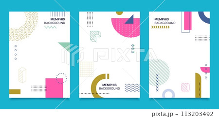 Poster or cover background, Memphis modern geometric design with abstract shapes. Vibrant vector vertical card templates, dynamic visual compositions with bold playful patterns and bright colors Poster or cover background, Memphis modern geometric design with abstract shapes. Vibrant vector vertical card templates, dynamic visual compositions with bold playful patterns and bright colors 113203492