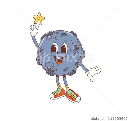 Cartoon groovy space planet character with twinkle star in hand. Isolated vector celestial personage with wide cheerful smile and craters, exudes psychedelic vibes, cosmic coolness and funky demeanor 113203493