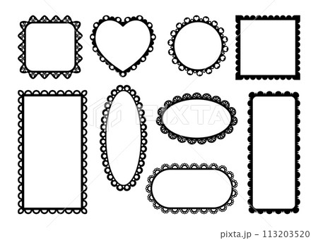 Scallop lace edge frames and borders, frill ribbons with fabric ornament pattern. Vector scalloped round, oval, square, heart and rectangular shapes with black elegant curves boast vintage intricacy 113203520