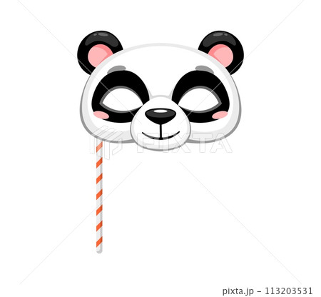 Panda animal carnival party mask. Festival or birthday costume. Isolated vector decorative festive face covering for children holiday celebration. Cute mask for kids with head of funny bear on stick 113203531