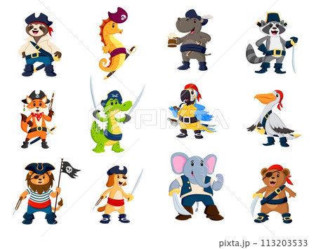 Cartoon funny animals and sea pirate characters, captain corsairs and sailors, vector personages. Caribbean pirate animals, lion in tricorne, parrot buccaneer in corsair bandana and bear with eyepatch Cartoon funny animals and sea pirate characters, captain corsairs and sailors, vector personages. Caribbean pirate animals, lion in tricorne, parrot buccaneer in corsair bandana and bear with eyepatch 113203533