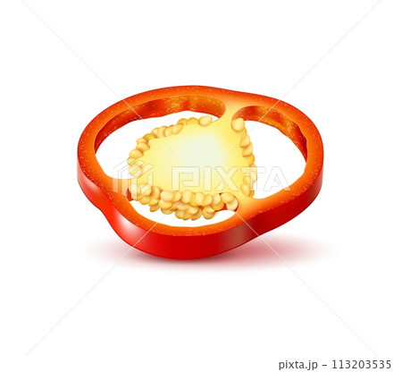 Realistic ripe red bell pepper slice, vector farm food, fresh vegetables. 3d paprika, capsicum or sweet pepper ring with seeds. Fresh raw juicy cut of bulgarian plant fruit, paprika spice, veggie food 113203535