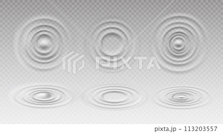 Ripple water ring waves, circular splashes set. Realistic 3d vector concentric circles top and angle view. Round swirl texture on liquid drink or puddle surface from falling drop. Sound wave effect Ripple water ring waves, circular splashes set. Realistic 3d vector concentric circles top and angle view. Round swirl texture on liquid drink or puddle surface from falling drop. Sound wave effect 113203557