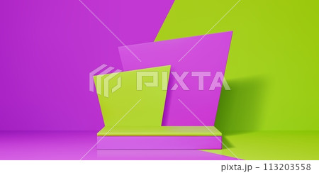 Contrast 3d product podium. Realistic 3d vector studio background with stage or pedestal in contrasting purple and green colors of wall and floor. Minimal geometric platform for presentation display Contrast 3d product podium. Realistic 3d vector studio background with stage or pedestal in contrasting purple and green colors of wall and floor. Minimal geometric platform for presentation display 113203558
