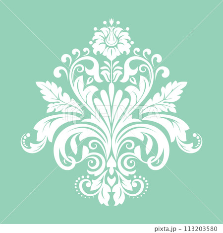 Damask graphic ornament. Floral design element. Green and white vector pattern 113203580
