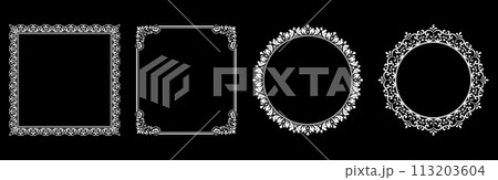 Set of decorative frames Elegant vector element for design in Eastern style, place for text. Floral black and white borders. Lace illustration for invitations and greeting cards. Set of decorative frames Elegant vector element for design in Eastern style, place for text. Floral black and white borders. Lace illustration for invitations and greeting cards. 113203604