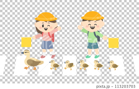 横断歩道を渡る子供たちとカルガモの親子のイラスト 113203703