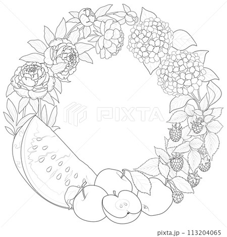 Summer wreath with beautiful flowers and ripe fruits. Hand drawn artwork. Black and white Summer wreath with beautiful flowers and ripe fruits. Hand drawn artwork. Black and white 113204065