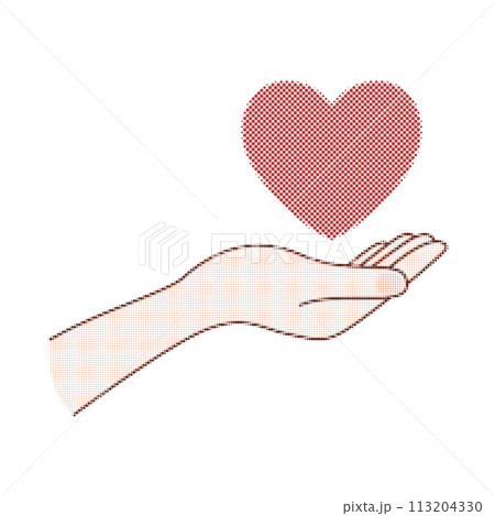 Hand holding a heart. Vintage Halftone Collage element with hand. Retro style. Hand holding a heart. Vintage Halftone Collage element with hand. Retro style. 113204330