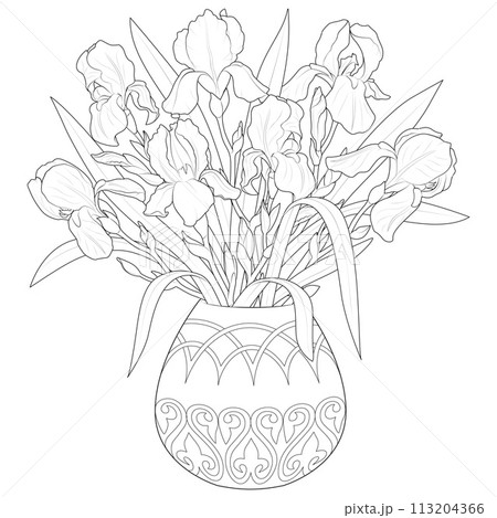 Vase with irises Black and white. Art therapy Coloring page Vase with irises Black and white. Art therapy Coloring page 113204366