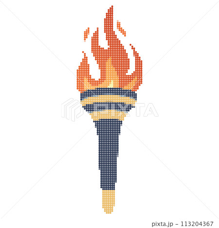 Pixel dots Flaming torch. Cartoon torch withe flame. Burning fire or flame. Sport fire sign.  113204367