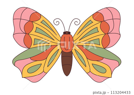 Groovy butterfly. Hippie 60s 70s retro style. Yellow, pink green colors. 113204433
