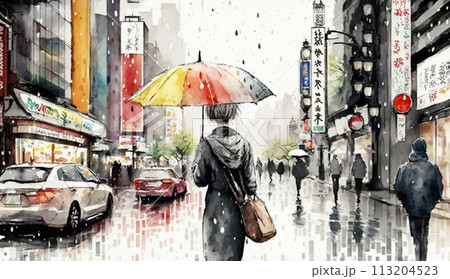 雨の東京の街角を女性が歩いている：水彩画