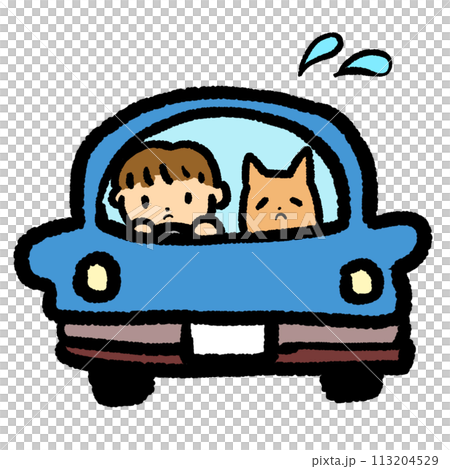 イヌを乗せて車で急いでいるイラスト 113204529