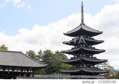 国宝　興福寺　修復中の五重塔と東金堂　奈良県 113205189