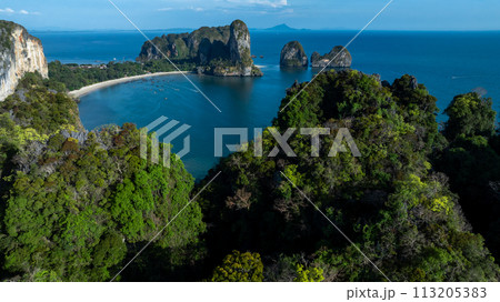 Aerial view beautiful Railay beach in Krabi province, Thailand, Railay beach in Krabi, Aerial view of Railay beach and coastline in Krabi province, Thailand. Aerial view beautiful Railay beach in Krabi province, Thailand, Railay beach in Krabi, Aerial view of Railay beach and coastline in Krabi province, Thailand. 113205383