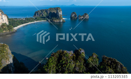 Aerial view beautiful Railay beach in Krabi province, Thailand, Railay beach in Krabi, Aerial view of Railay beach and coastline in Krabi province, Thailand. 113205385