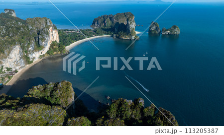 Aerial view beautiful Railay beach in Krabi province, Thailand, Railay beach in Krabi, Aerial view of Railay beach and coastline in Krabi province, Thailand. 113205387