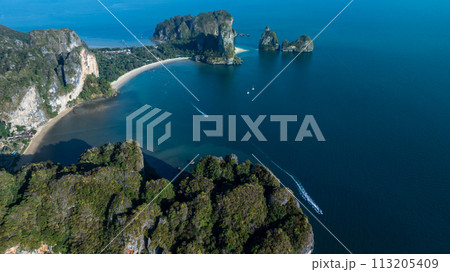 Aerial view beautiful Railay beach in Krabi province, Thailand, Railay beach in Krabi, Aerial view of Railay beach and coastline in Krabi province, Thailand. 113205409