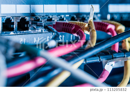 Detail of server with patch cables plugged in ethernet ports Detail of server with patch cables plugged in ethernet ports 113205832