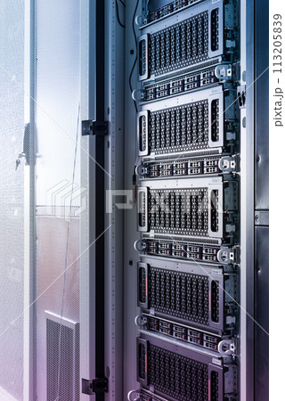 Row of hard drives serving as data storage inside server room Row of hard drives serving as data storage inside server room 113205839