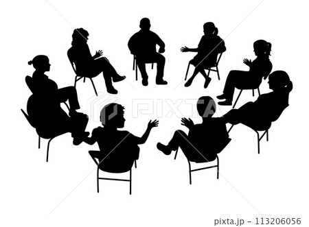 People sat in a circle discussing with each other, business people sitting on conference or other meeting silhouette People sat in a circle discussing with each other, business people sitting on conference or other meeting silhouette 113206056