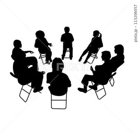 People sat in a circle discussing with each other, business people sitting on conference or other meeting silhouette	 113206057