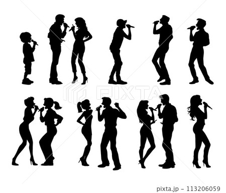 People singing karaoke and dancing together, funny singing, Singer male and female silhouette People singing karaoke and dancing together, funny singing, Singer male and female silhouette 113206059