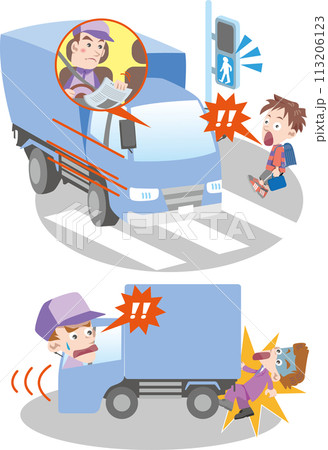 交通安全＜トラック・バックからの人身事故・書類に夢中でうっかり信号無視＞ 113206123