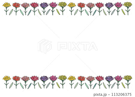 水性ペンと透明水彩絵の具で描いた横並びのカーネーションと葉っぱのフレームイラスト 113206375