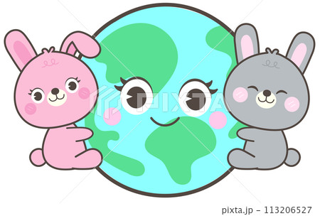 World Earth Day Cute Hand Drawn 2 rabbits protecting the world 113206527