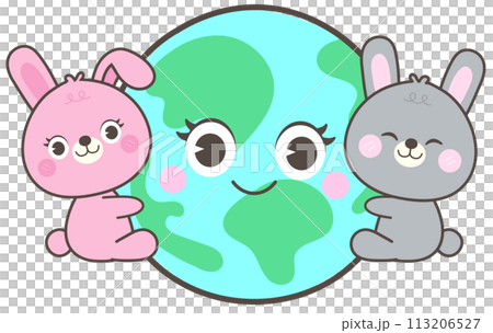 World Earth Day Cute Hand Drawn 2 rabbits protecting the world 113206527