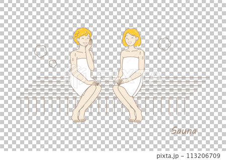 サウナ室でサウナを楽しんでいるサウナ好きの可愛い二人の女性 ととのう サウナ女子 シンプル イラスト 113206709