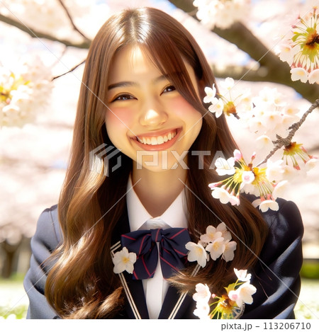 桜の木の下で記念撮影する女子高生を生成で描きました 113206710