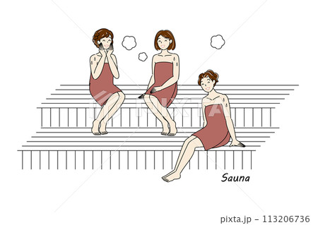 サウナ室でサウナを楽しんでいるサウナ好きの可愛い三人の女性 ととのう サウナ女子 シンプル イラスト サウナ室でサウナを楽しんでいるサウナ好きの可愛い三人の女性 ととのう サウナ女子 シンプル イラスト 113206736