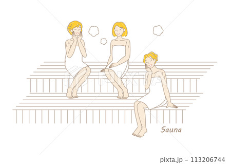 サウナ室でサウナを楽しんでいるサウナ好きの可愛い三人の女性 ととのう サウナ女子 シンプル イラスト 113206744