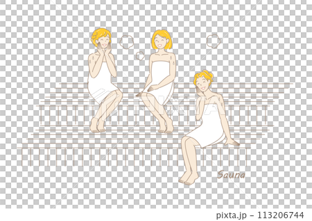 サウナ室でサウナを楽しんでいるサウナ好きの可愛い三人の女性 ととのう サウナ女子 シンプル イラスト 113206744