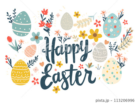 Happy Easter greeting card with colorful eggs and flowers spring holiday celebration banner horizontal 113206996
