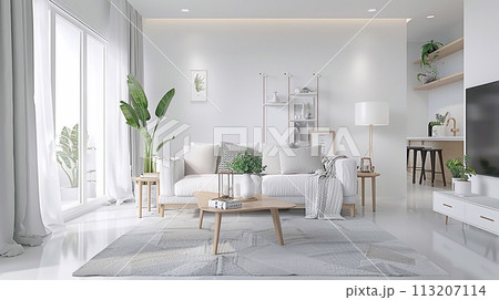Living room with comfortable tone furniture, white back wall with natural light on the side from the window. 113207114