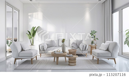 Living room with comfortable tone furniture, white back wall with natural light on the side from the window. 113207116