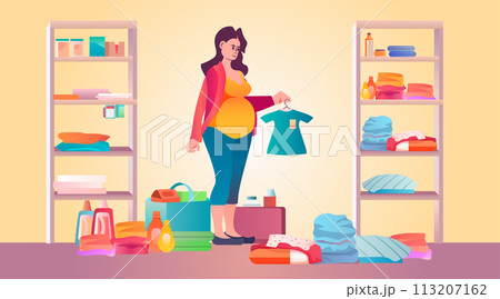 pregnant woman packing bag for maternity in hospital at home pregnancy motherhood expectation concept 113207162
