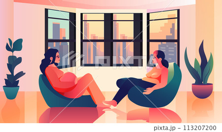 pregnant women sitting in bean bags and discussing during meeting pregnancy motherhood expectation concept living room interior pregnant women sitting in bean bags and discussing during meeting pregnancy motherhood expectation concept living room interior 113207200