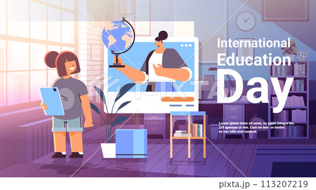 schoolgirl discussing with teacher in web browser window during video call self isolation online communication international education day 113207219