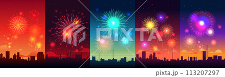set holiday fireworks festival celebration greeting invitation postcard culture and tradition carnival party concept 113207297