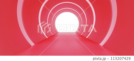 Red tunnel with round arches and light at end 113207429