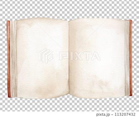 Watercolor illustration book isolated on white background. Open book brown colors. Vintage old textbooks watercolor hand drawn. Blank pages for inserting text Watercolor illustration book isolated on white background. Open book brown colors. Vintage old textbooks watercolor hand drawn. Blank pages for inserting text 113207432