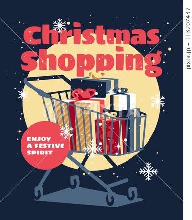 a supermarket trolley full of gift boxes. Snowfall. Christmas shopping advertising poster, banner, postcard. Vector flat illustration a supermarket trolley full of gift boxes. Snowfall. Christmas shopping advertising poster, banner, postcard. Vector flat illustration 113207437
