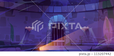 Abandoned castle dungeon room with light on wall Abandoned castle dungeon room with light on wall 113207442