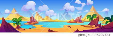 Desert landscape with dunes and lake. Desert landscape with dunes and lake. 113207483