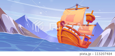 Old wooden sailboat floating in sea Old wooden sailboat floating in sea 113207484